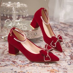 Botas Pombas de boda de cristal rojo Mujeres Potaciones de diámetro diablo de diablo Bowtie Bride Zapatos para boda 2022 Perlas de lujo Bombas de correa de tobillo Mujer