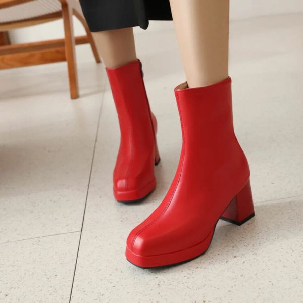 Boots Red Orange Blanc Black Femmes Bottines de la cheville Platforme carrée haute talon dames Bottes courtes Boots Patent Pu Leather Square Toe's Boots