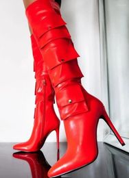 Bottes poche rouge pointu à orteil haut haut hiver talons gladiateurs talons zipper dame night club chaussures