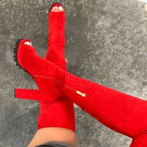 Bottes Femmes à glissière rouges sur les bottes du genou Poisson Bouche de poisson Stretch's Fashion JKS5