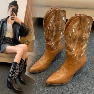 Boots rétro broder knee bottes hautes femmes confortables marchant côté femelle zip cowboy occidental long botas largas mujer chelsea bottes