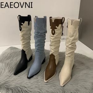 Bottes rétro talons hauts femme genou botte mode bout pointu Western Cowgirl chaussons concepteur automne hiver chaussures 231019