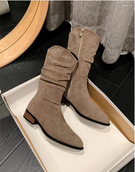 Boots Retro Long automne Hiver Fashion's Fashion plissée Design Mid-Calf British Style Trend Western Cowgirl