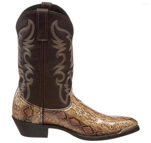 Boots Retro Men Femmes Golden Head Snake Skin Faux Tex Winter Chaussures Hiver Broidered Western Cowboy Footwear Unisexe Big Size1252226