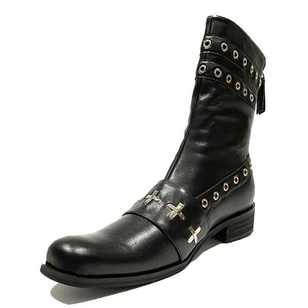 Bottes rétro Punk pour femmes, fermeture éclair occidentale, en cuir véritable, décoration en métal, mode printemps-automne, chaussures décontractées pour dames