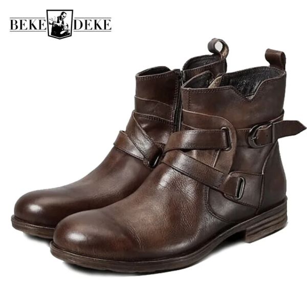 Botas laterales retro zip boots de tobillo genuino hombres marca marrón negro marrón redondear motocicleta botas de negocios casuales botas casuales