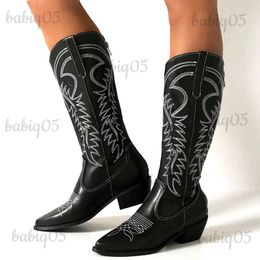 Bottes Bottes occidentales rétro pour femmes talons épais noir blanc fermeture éclair automne hiver chaud en peluche mollet Cowboy Cowgirls chaussures de démarrage femme T231121