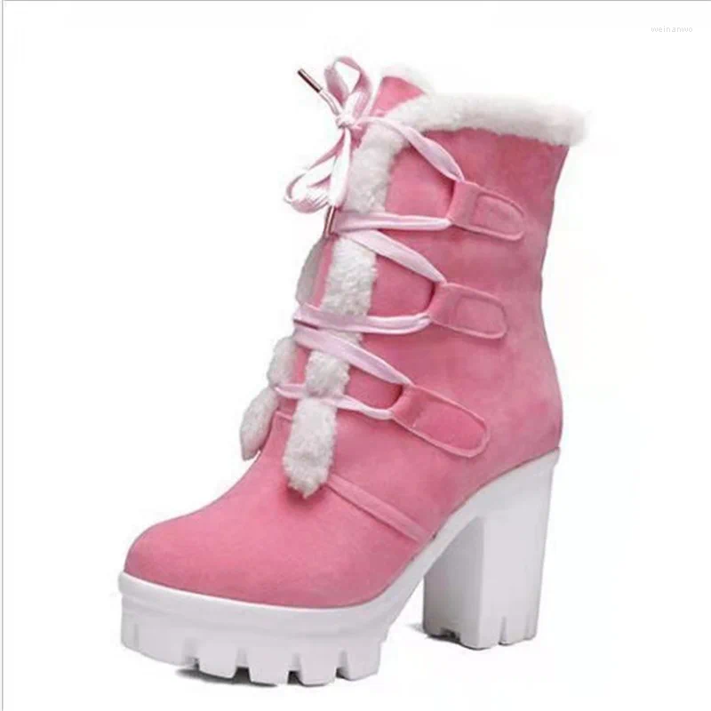 Boots Retro Women Ankle Shoes Cross-Tied Winter Snow Botas Round Toe Square Heels Chaussures Female Lace-Up High Quality Botines