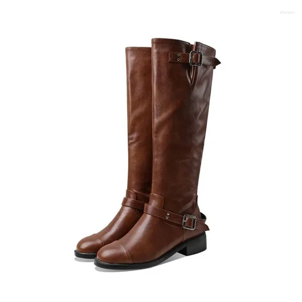 Bottes rétro femmes boucle de ceinture en métal chevalier genou haute concepteur de mode talons épais fermeture éclair longues Botas Mujer femme chaussures