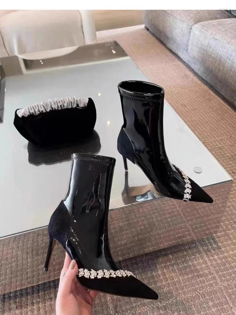Boots Rhinestone Chain Patent Leather High Heel Pointed Toe Slimming Elastic Short Botines Women Stiletto Mid-Calf Ankle Botas