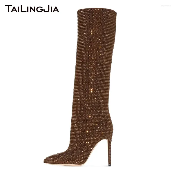 Boots Rhinestone Gnee High pour les femmes pointues talons d'hiver Chaussures d'hiver 2024 Mesdames grandes taille magnifique Crystal Long Boot