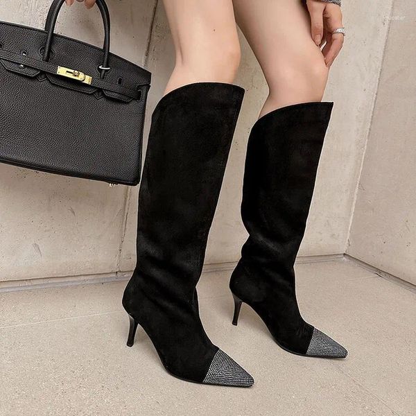 Boots Hinestone Knee High Knight Sequin Fabric Femmes Botas Long Tube Stiletto Talons Ladies chaussures Faux en daim sapatos féminino