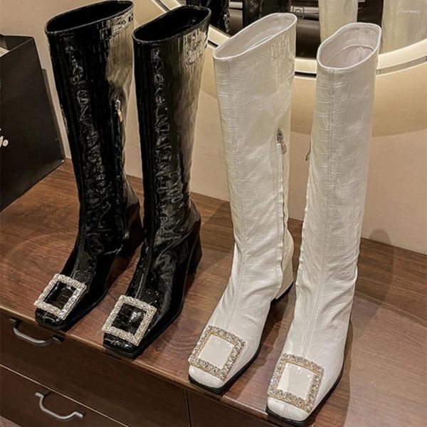 Boots Hinestone Leather Knee High Knight Side Zipper Talons Chunky Femme Botas Long Tube Dames Chaussures Round Toe Sapatos Feminino