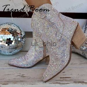 Boots Rhinestone Western Cowgirl Boots Women Poest Toe Chunky High Heel Glitter Boots Fashion All Match Shiny Sparkle Booties Mujer J230811