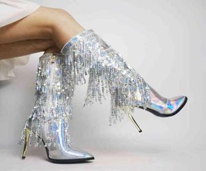 Laarzen ribetrini mode puntige teen randafgrenzende middenkalf laarzen voor vrouwen zip metallic glitter sexy elegante jurk lange schoenen t22140663