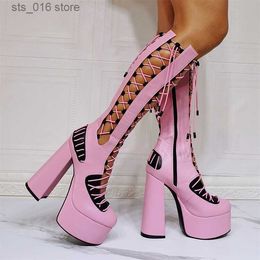 Botas RIBETRINI Pink Punk Style Round Toe Plaform Tacones altos Recorte Verano Rodilla Botas altas Cremallera Diseñador de marca Zapatos de moda Botas T230824