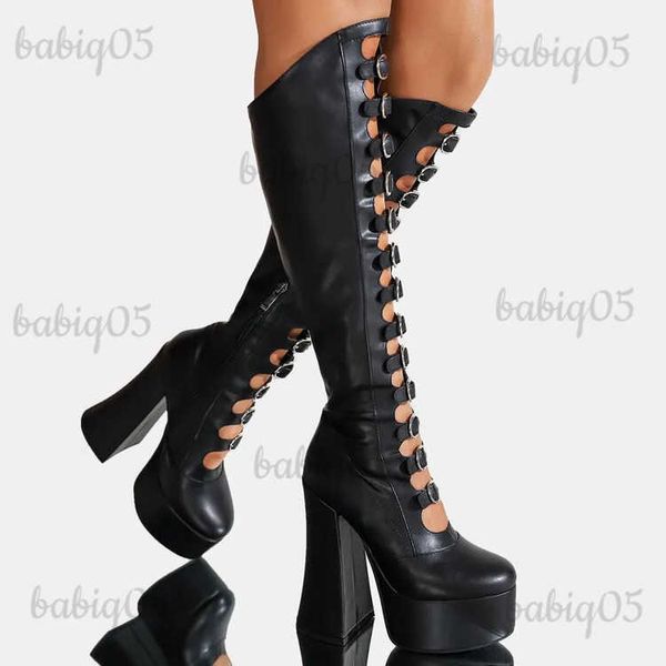 Bottes RIBETRINI Punk gothique Chic plate-forme genou bottes hautes pour les femmes boucle Blcok talons hauts Cosplay Halloween longues chaussures de créateur T231121