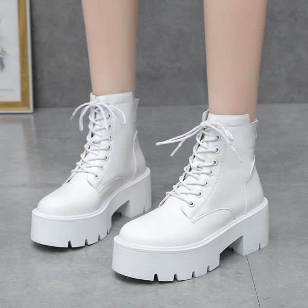 Boots Rimocy Automne Wintum Chunky Motorcycle Boots Femme Punk Style SHOW Bottom White Boots Boots Pu Leather Platform Boties