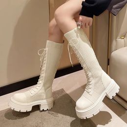 Stivali Rimocy Autunno Inverno Chunky Platform Stivali lunghi Donna Stivali alti al ginocchio in maglia elasticizzata con suola spessa Donna Botas De Mujer 231117