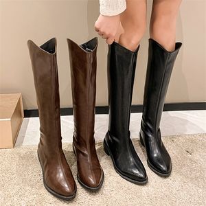 Bottes Rimocy Pu cuir Western Cowboy bottes longues femmes automne hiver bout pointu genou bottes hautes femme marron talons carrés Botas chaussures 221007