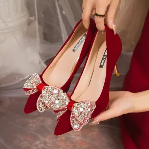 Laarzen rimocy rood bling big crystal pumps vrouwen bowtie kudde dunne hakken bruiloft feestschoenen vrouw glanzende steentjes hoge hakken schoenen