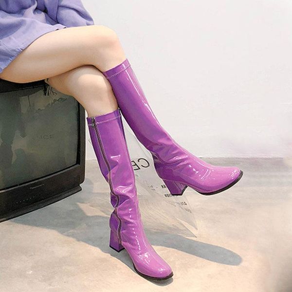 Bottes Rimocy Sexy Violet Genou-hautes Femmes En Cuir Verni Long Haut Talon Carré Chaussures Femme Automne Hiver Dames Shoes1