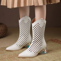 Boots rimocy blanc creux out bottines bottes femmes talons carrés pointés pointues moteurs de moelle