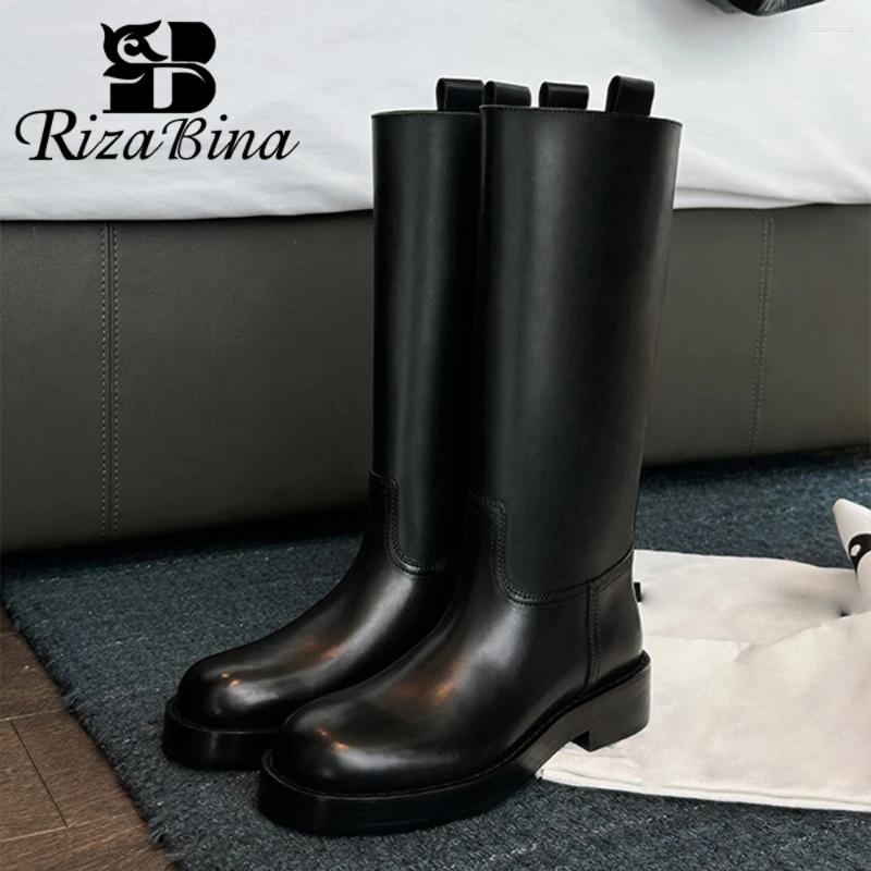 Stivali Rizabina 2024 Ins Real Leather Women Knee High Spesse tacco autunno inverno inverno Long Casual Wide Calf Knight