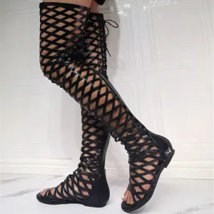 Boots Chaussures romaines Bottifications noires Hollow Out Summer Femmes Over Knee High Boots Talon Plat Sandale Back Zip Lace Up Big Taille 47