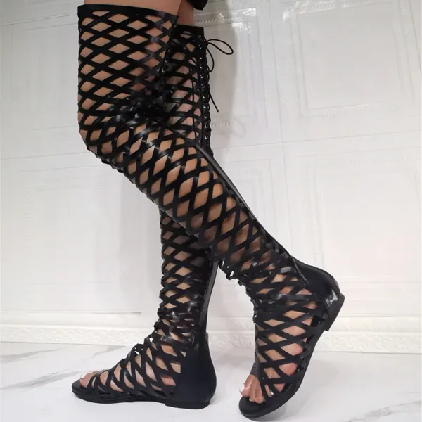 Boots Chaussures romaines Bottifications noires Hollow Out Summer Femmes Over Knee High Boots Talon Plat Sandale Back Zip Lace Up Big Taille 47