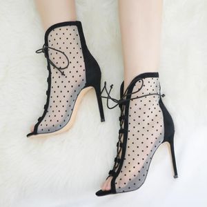 Boots Roni Bouker Lady Fashion Design Shoes Woman Black Polka Dot Summer Booties Women Vaces-Up High Heel Shoe Peep Toe enkel