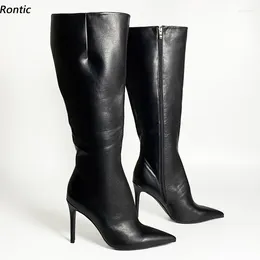 Bottes Rontic personnalisation à la main femmes hiver genou unisexe talons aiguilles bout pointu élégant noir chaussures quotidiennes taille américaine 5-15
