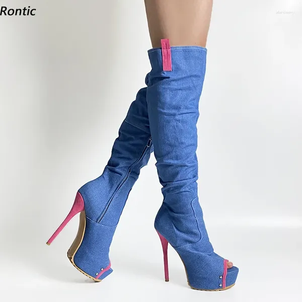 Bottes Rontic Mode Femmes Été Plate-forme Genou Denim Stiletto Talons Peep Toe Magnifique Bleu Casual Chaussures De Fête Taille US 5-20