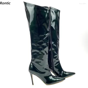 Boots Rontic Fashion Femmes Hiver Knee Unisexe Side Zipper Stiletto Talons Round Green Black Black Casual Shoes Taille 35-47