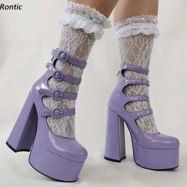 Boots Rontic Handmade Women Plateforme Ankle Patent talons grossiers Round Toe Beautiful Violet Rose White Robe Chaussures Us Taille 5-15