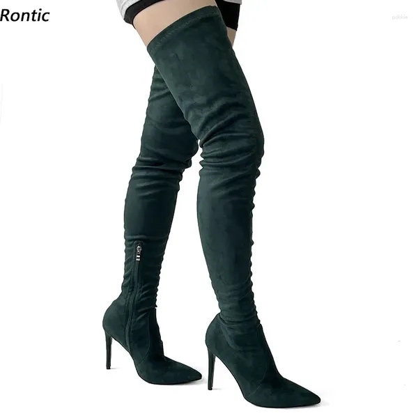 Boots Rontic Femmes Spring Long Faux Suede Side Zipper Stiletto Talon pointu Point Attorié Night Club Green Chaussures Us Taille 5-15