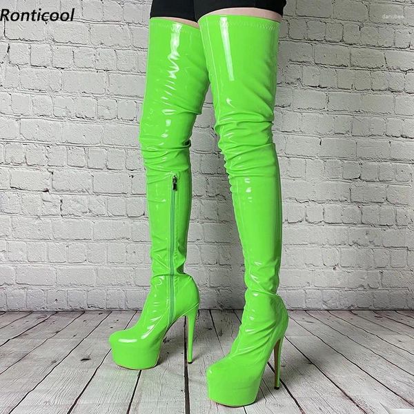 Boots Ronticool 2024 Femmes Hiver CHIGHS SEXY STILETTO Talons Round Toe Fabulous Green Rose Red Cosplay Shoes Lames US Taille 5-20