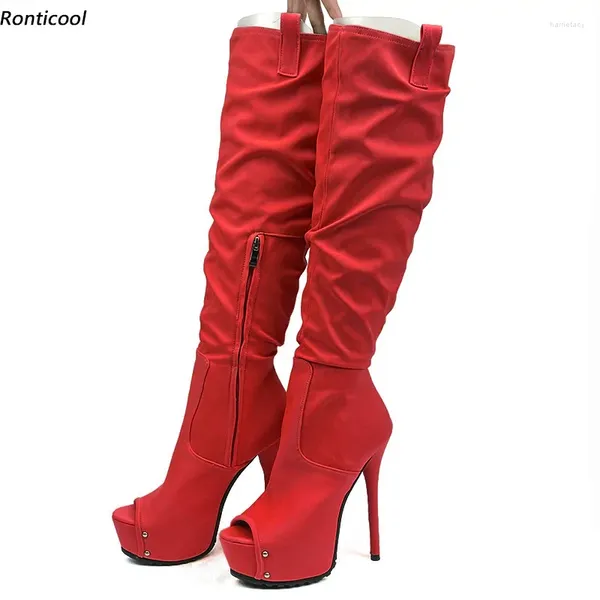 Boots Ronticool Arrivée Femmes Spring Knee Satin Side Zipper STILETTO Talons Peep Toe Red Green Party Chaussures plus US Taille 5-20