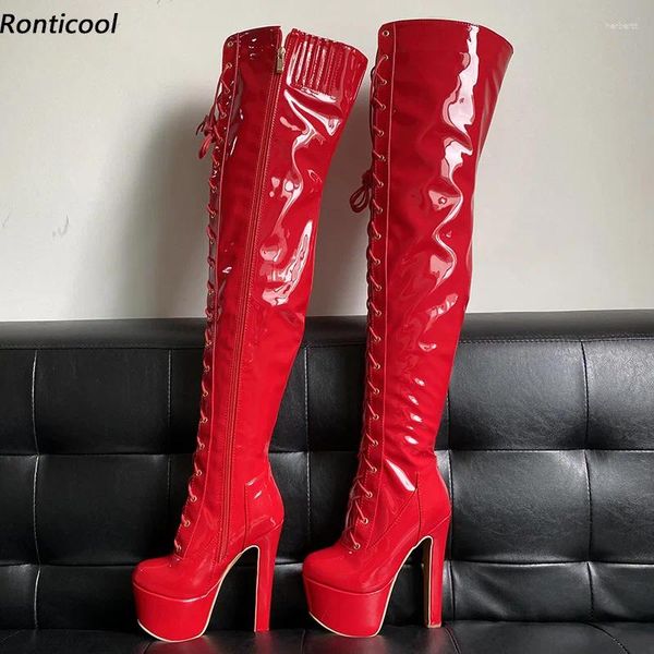 Boots Ronticool Femmes faites à la main cuisse unisexe stable talons hauts rond beaux rouges noirs blancs club chaussures club us tailles 5-16