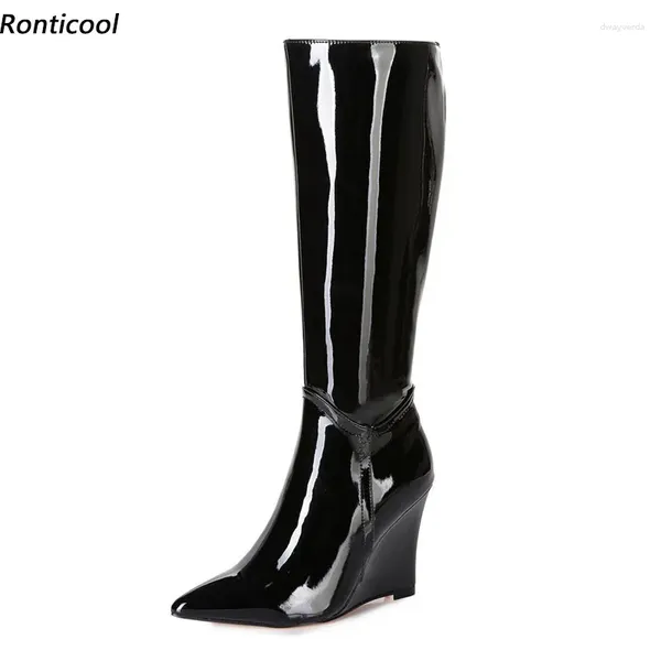 Botas Ronticool Mujeres hechas a mano Winter Winter Knee Weel Tisos altos Toos Punteed Black Night Club Shoes Plus Tamaño 35-47