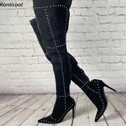 Bottes Ronticool faites à la main femmes hiver cuisse côté fermeture éclair sexy talons aiguilles bout pointu noir boîte de nuit chaussures taille américaine 5-15