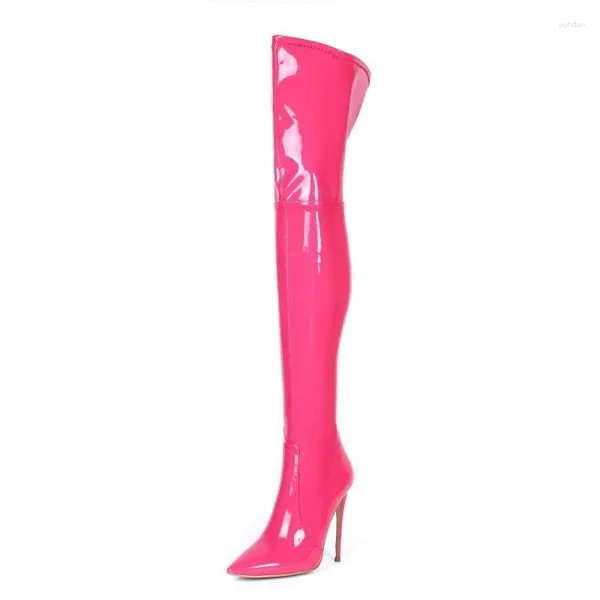 Boots Rose Rose Femmes 2024 Hiver High Heels Cuir breveté sur le genou Big Size Points Toe Long Girl Chaussures