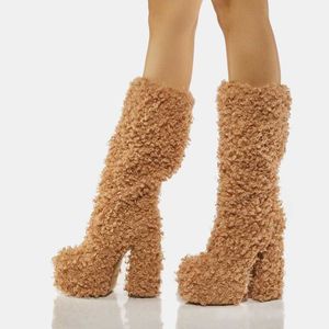 Bottes tête ronde genou longueur Puffy Sexy luxe femmes haut talon chaud cachemire hiver gladiateur chaussures Botas Mujer 221215