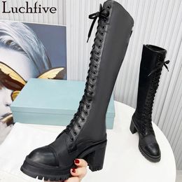 Laarzen Ronde neus Dikke hak Kniehoge laarzen Dames Luxe Mode Chelsea Lange Laarzen Zwart Veterschoenen Merk Enkellaarsjes Vrouwelijk 231219