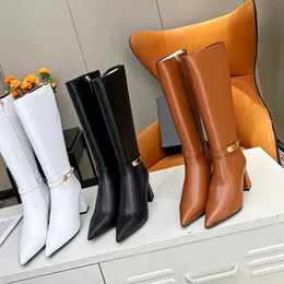 Botas con punta redonda y cremallera para mujer, zapatos de goma para lluvia, botas de diseñador de lujo, tacones altos sexis hasta el muslo, color blanco bajo, F 35-42