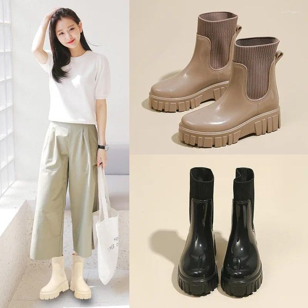 Bottes en caoutchouc pour femmes, chaussures de pluie à plateforme, bottines Chelsea imperméables pour dames, galoches pour le travail dans l'eau du jardin