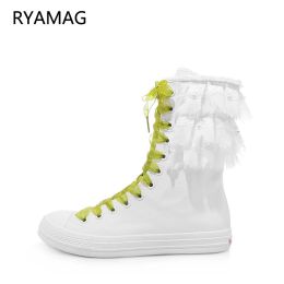 Bottes Ryamag 2022 Nouvelles toiles pour femmes Bottes courtes Broderie Ribbon Flats Casual Classic Laceup Zipper confortable Vulcanize Sneakers