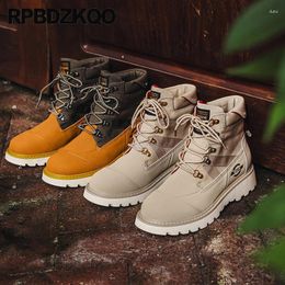 Botas Pisos de seguridad Punta redonda Tobillo Zapatos de caída Durable Combate Ejército Militar Trabajo corto Táctico Hombres Lace Up Canvas Patchwork Tan