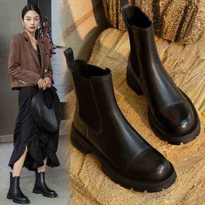 Bottes vente automne/hiver chaussures femmes en cuir cheville bout rond talon épais solide Chelsea décontracté X220916 Y2211