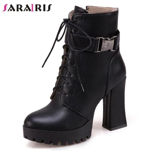 Bottes Sarairis en vente Big Taille 44 Femelle Zip Cross attaché High High Teel Round Toe Plateforme boucle élégante chaussures de femmes occasionnelles